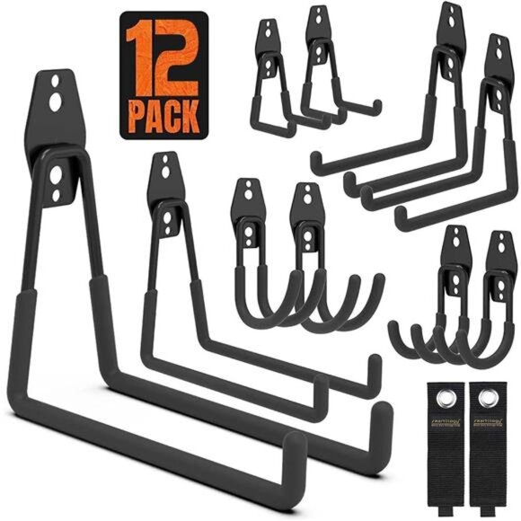 Garage Hooks, 12 Pack Wall Mount Storage Holders with 2 Extension Cord Storage - Picture 1 of 7